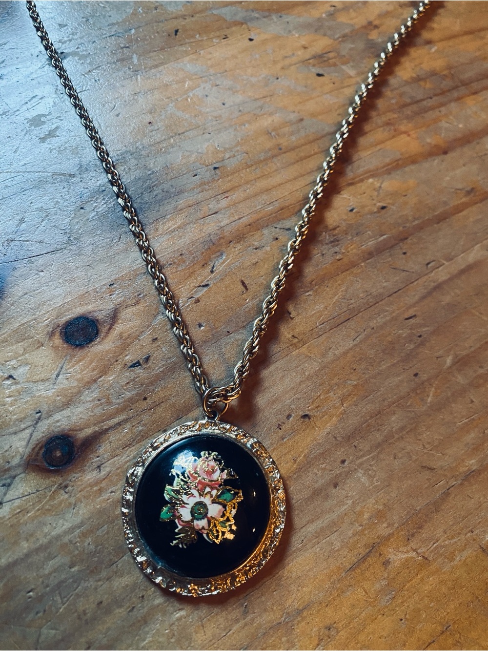 Vintage Gold-Tone Floral Pendant Necklace with Black Enamel Accent